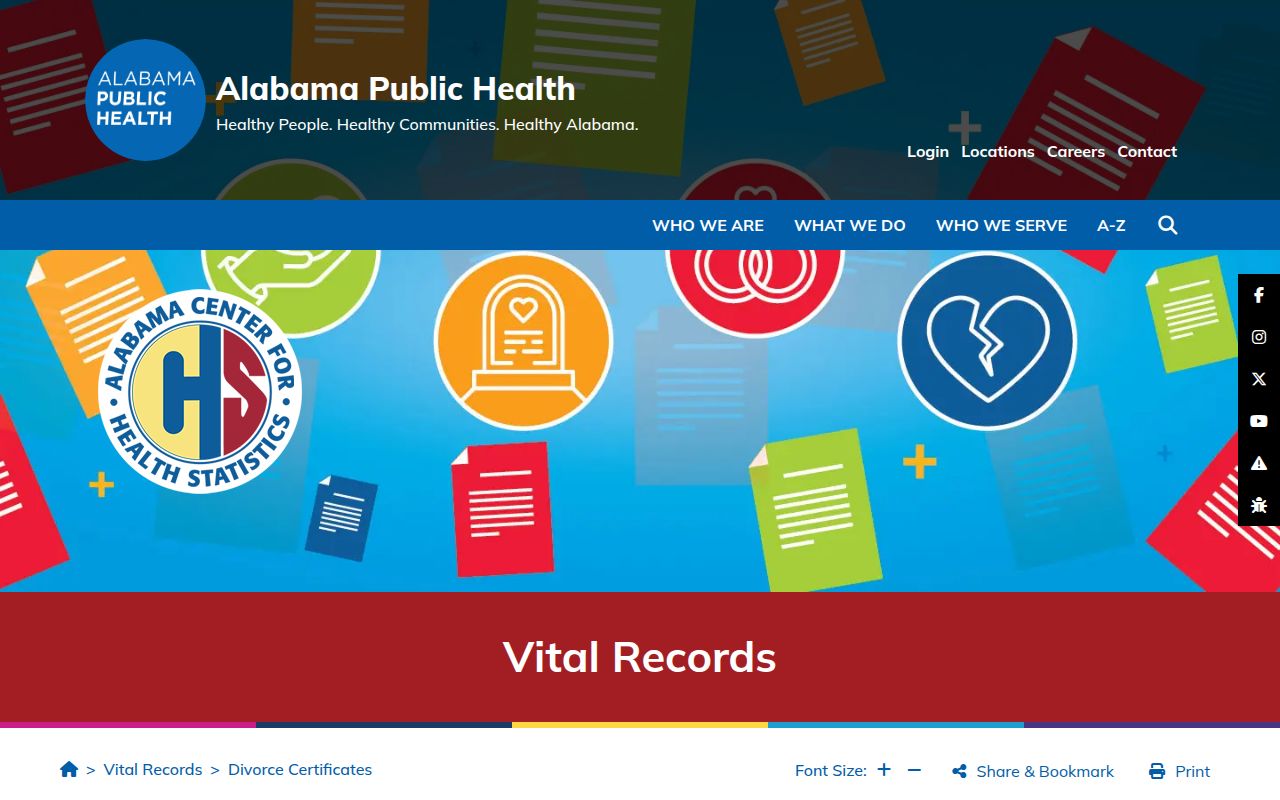 Alabama Department of Public Health divorce certificate ordering page